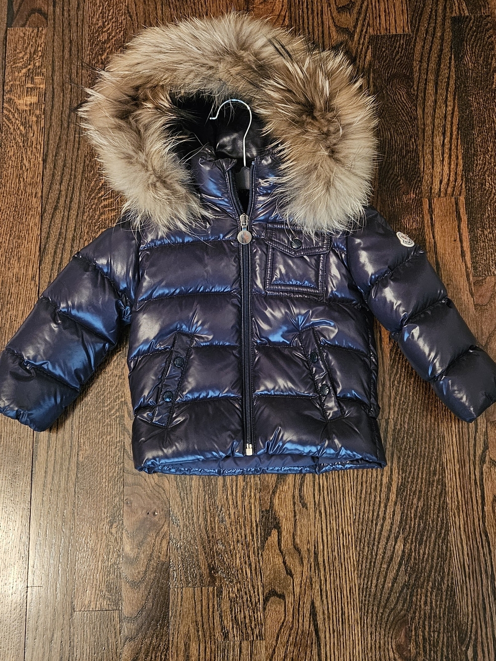Moncler Kids Navy Puffer Jacket with Fur-Trim Hood